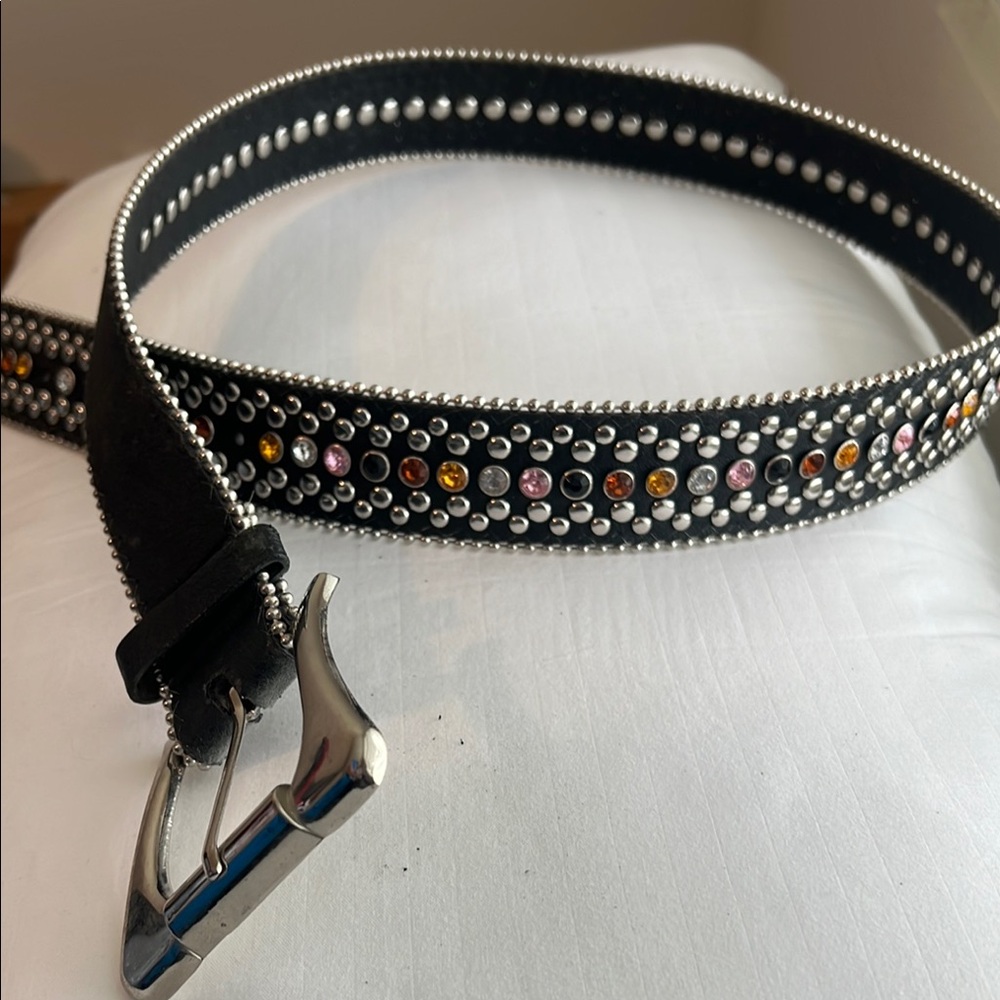 Studded Black Leather Belt with Multicolor Accents